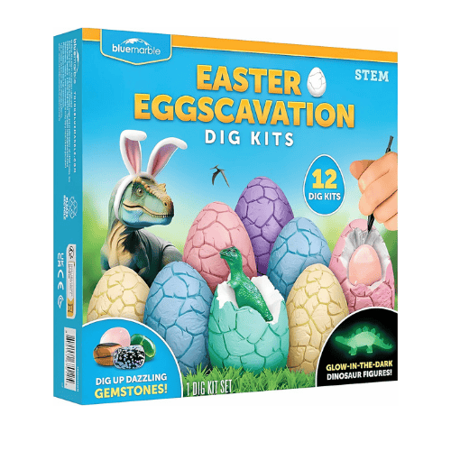 Easter Eggscavation Dig Kit - 12 Easter Egg Dig Bricks with Real Gemstones & Glow in The Dark Dinosaur Figures, Includes Dig Tools, Egg Hunt or Dig Party Activity, Easter Basket Stuffers